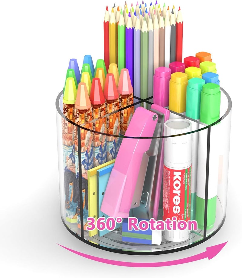 Wawocs Small Pencil Organizer for Desk Acrylic 4 Compartments, Tiny Rotating Art Supply Organizer Kids, Spinning Round Marker Small Clear Desktop Caddy Swivel Office Pen Pencil Holder - Image 1